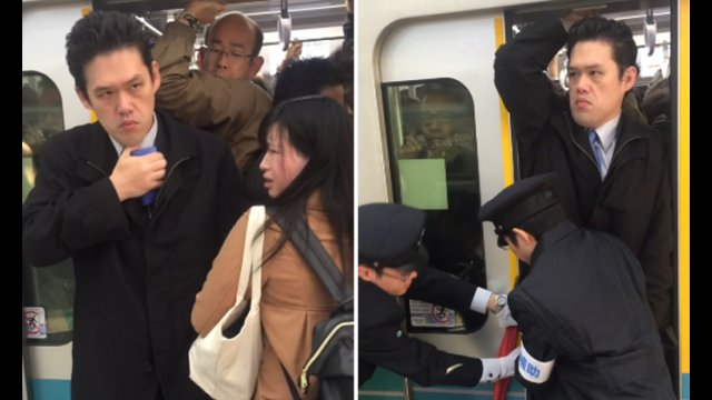 Upychacze w japońskim metrze. Pasażer zachowuje imponującą kamienną twarz [WIDEO]