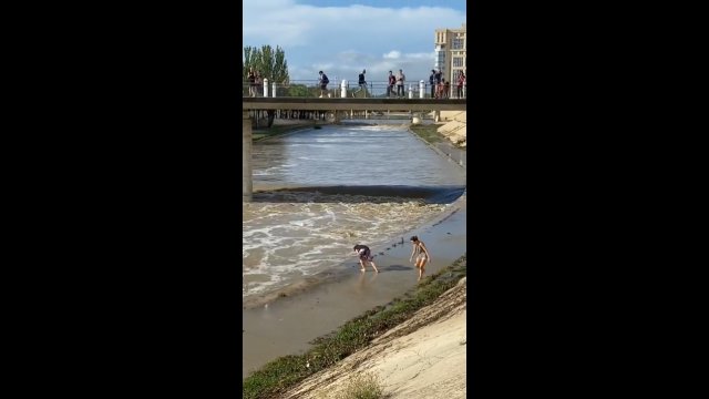 Ludzie wrzucają ryby z powrotem do rzeki po powodzi w Montpellier we Francji
