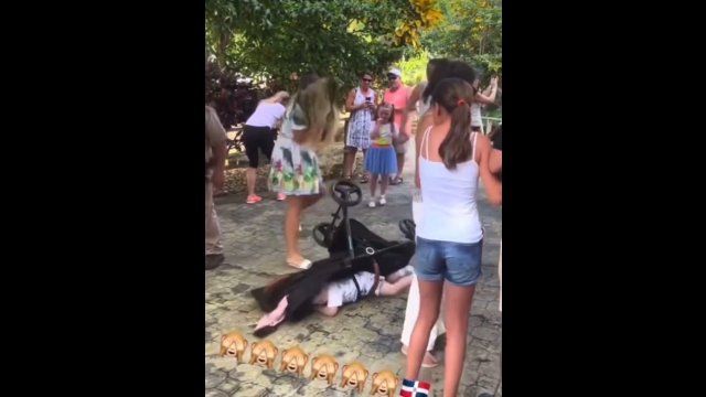 Kobieta wywróciła wózek z dzieckiem po tym, jak małpa wskoczyła jej na głowę [WIDEO]