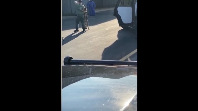 Policjant z Karoliny Północnej trzyma psa w powietrzu za smycz i uderza nim w radiowóz