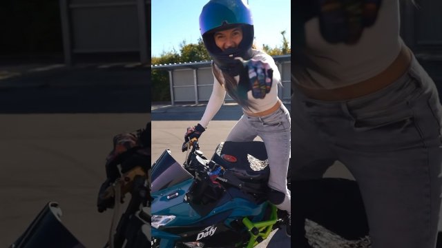 Dziewczyna driftuje motocyklem jedną ręką