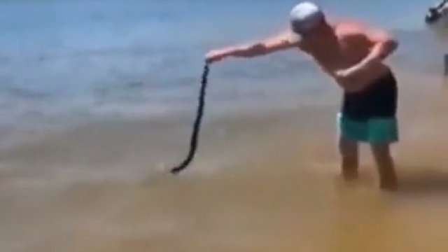 Facet rzucił węża prosto na ludzi pływających na materacu