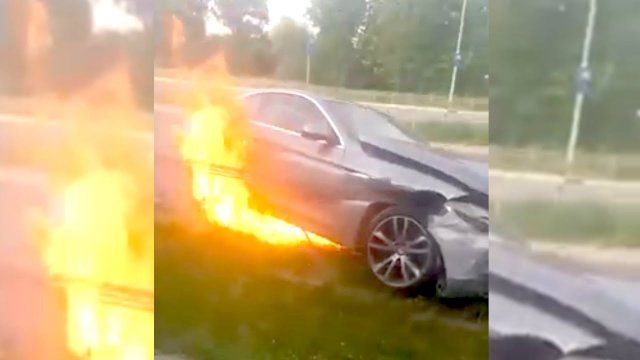 BMW stanęło w płomieniach podczas wciągania na lawetę [WIDEO]