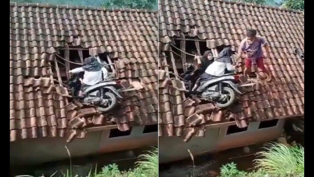 Kobieca przejażdżka na motocyklu zakończyła się... na dachu [WIDEO]