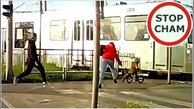 Dziecko na rowerku o mało nie wjeżdża pod tramwaj