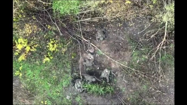 Ukraiński dron zrzucający amunicję na grupę rosyjskich żołnierzy na froncie Bachmut.