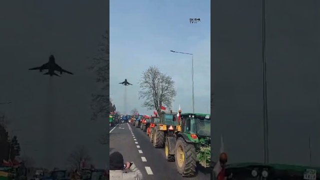 Myśliwiec wojskowy przelatuje nisko nad protestującymi rolnikami [WIDEO]