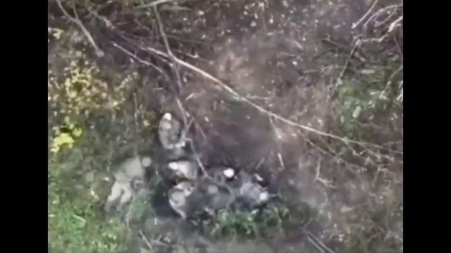 Ukraiński dron zrzuca granat na grupkę rosyjskich żołnierzy