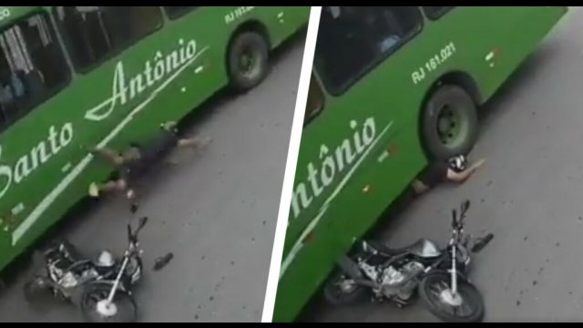 Motocyklista wpadł pod koła autobusu. Strach pomyśleć co by było, gdyby nie kask! [WIDEO]