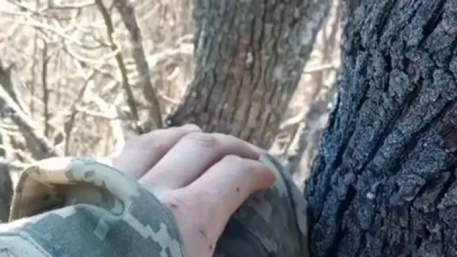 Ukraiński żołnierz na drzewie obserwuje spacerujących rosyjskich żołnierzy.